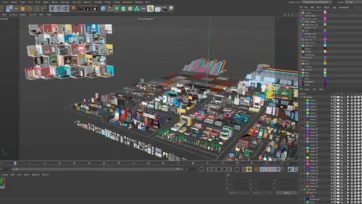 Cinema 4D software interface displaying the Interior 3 low poly collection with 3D room scenes, furniture models, and professional workflow organization