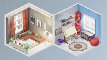 Isometric 3D low poly rooms displaying a neutral living room with sectional sofa and a colorful art studio with drafting table and creative storage solutions