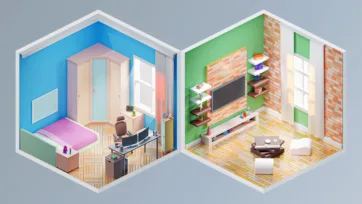 Two isometric 3D low poly interior spaces showing a blue bedroom with gaming setup and a green living room with brick wall and entertainment system
