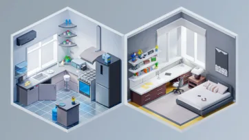 Isometric 3D low poly rooms featuring a modern gray kitchen with island and appliances, and a contemporary bedroom with desk area and wall-mounted storage