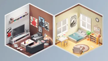 Two isometric 3D low poly rooms displaying a modern media room with entertainment center and brown decor, and a yellow bedroom with built-in furniture and plants