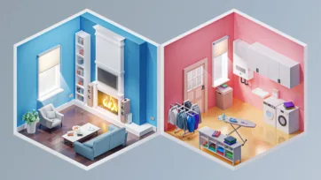 Isometric 3D low poly interior spaces showing a blue living room with fireplace and built-in shelving, and a pink laundry room with washer, dryer, and storage