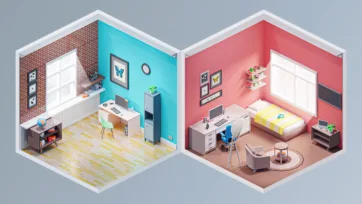 Two isometric 3D low poly rooms featuring a teal study room with brick accent wall and desk, and a coral bedroom with telescope and modern furniture