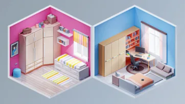 Isometric 3D low poly interior scenes showing a pink children's bedroom with storage and a modern home office with built-in cabinetry and workspace