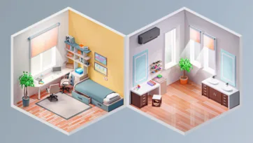 Two isometric 3D low poly rooms displaying a yellow bedroom with desk and shelving, and a modern bathroom with dual vanity and contemporary fixtures