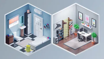 Isometric 3D low poly rooms featuring a modern bathroom with blue walls and white fixtures, and a storage room with shelving and home organization systems