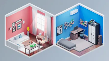 Two isometric 3D low poly interior spaces showing a coral pink bedroom with wall art and a blue home office with hexagonal shelving and desk setup