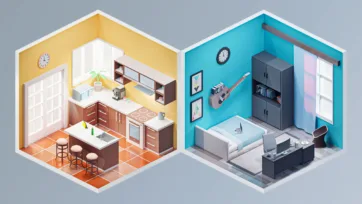 Two isometric 3D low poly rooms displaying a bright yellow kitchen with modern appliances and a teal music room with guitar wall mount and seating area