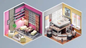 Isometric 3D low poly interior scenes showing a vibrant restaurant dining area with pink decor and a modern bedroom with entertainment system and guitar