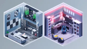 Two isometric 3D low poly rooms featuring a modern music studio with piano and sound equipment, and a gaming room with RGB lighting and gaming setup