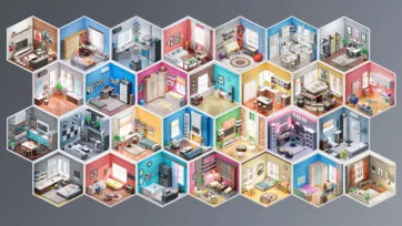 Collection of 28 isometric 3D low poly interior rooms showcasing various home spaces including living rooms, bedrooms, kitchens, bathrooms, and offices with colorful modern furniture and decor