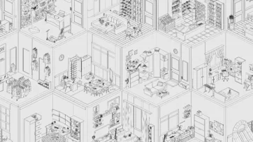 Interior 4 detailed wireframe blueprints featuring technical line drawings of interior spaces with furniture layouts and architectural details