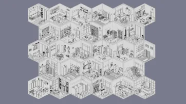 Interior 4 wireframe and blueprint collection showing line art versions of isometric rooms for technical illustration and architectural visualization