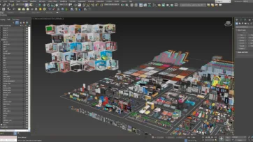 Interior 4 3ds Max scene showing comprehensive project setup with all interior assets, room configurations, and organized scene hierarchy for production