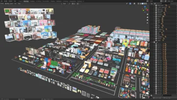 Interior 4 complete Blender scene showing full 3D environment with organized asset library, isometric room previews, and comprehensive furniture collection