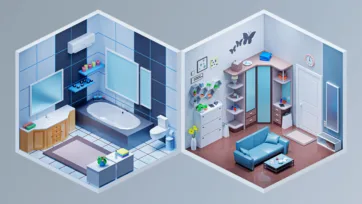 Interior 4 3D pack featuring blue tiled bathroom with modern fixtures and contemporary bedroom with built-in storage and workspace