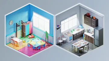 Interior 4 low poly children's playroom with climbing wall and toys next to modern kitchen and dining area with breakfast bar