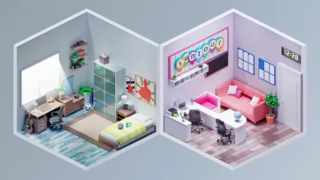 Interior 4 3D pack modern teen bedroom with study area and trendy startup office lounge with pink sofa and work stations
