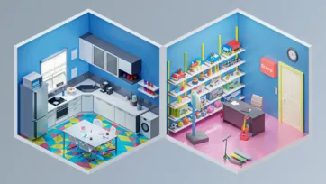 Interior 4 low poly contemporary kitchen with colorful geometric floor and vibrant toy store with shelved merchandise and play area