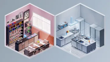 Interior 4 3D pack warm bakery cafe with display cases and professional restaurant kitchen with commercial appliances and prep areas