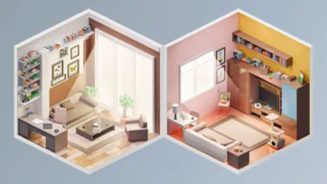 Interior 4 low poly cozy reading corner with built-in bookshelves and modern media room with large screen and comfortable seating