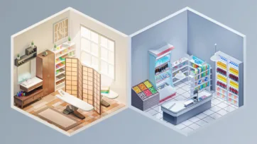 Interior 4 low poly traditional Japanese room and modern convenience store with shelving, refrigerated displays, and checkout counter