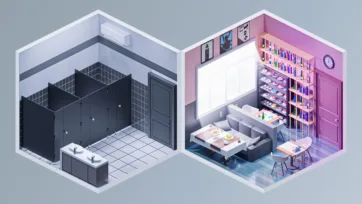 Interior 4 3D pack modern tiled bathroom and creative art studio with easels, paint supplies, and colorful artwork displays