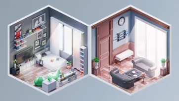 Interior 4 low poly teenager bedroom with gaming setup and modern living room with sectional sofa and entertainment center