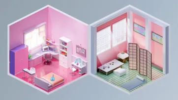 Interior 4 3D pack featuring pink modern bedroom with desk setup and traditional Japanese tatami room with floor seating and screens