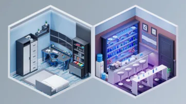 Interior 4 low poly modern office workspace and vibrant nightclub bar with purple lighting, shelving, and contemporary furniture design