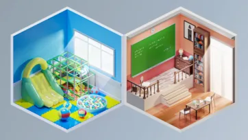 Interior 4 3D pack children's playroom with slide and ball pit next to modern classroom with desks, blackboard, and educational materials