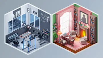 Interior 4 low poly 3D gym and cozy library rooms with exercise equipment, bookshelves, fireplace, and comfortable seating in isometric view