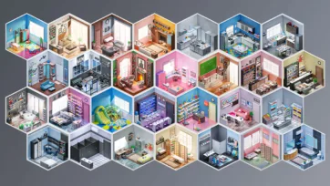 Interior 4 low poly 3D pack featuring diverse isometric room designs including children's playroom, living room, bedroom, kitchen, gym, office, and commercial spaces