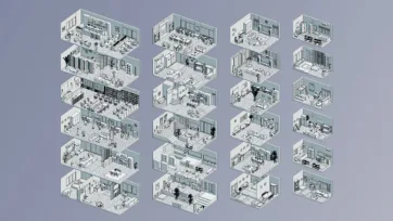 Collection of wireframe interior room blueprints showing technical 3D low poly structure and layout designs
