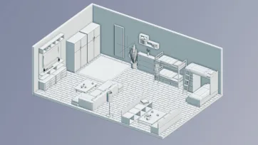 Technical wireframe drawing of interior room layout showing 3D low poly structure and architectural elements