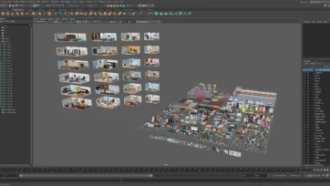 Maya 3D software interface displaying interior pack collection with comprehensive room scenes and furniture assets