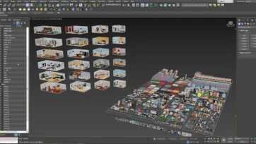3ds Max software interface showcasing complete interior pack with organized 3D room scenes and furniture assets