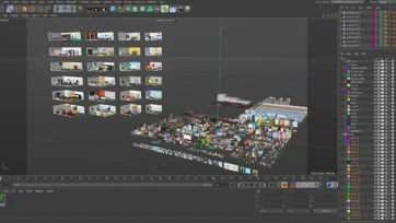Cinema 4D software interface displaying comprehensive interior pack with 3D room scenes and furniture collection