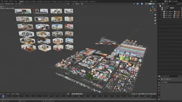 Blender 3D software interface showing complete interior pack scene collection with all furniture and room assets organized