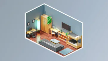 Multi-functional kids bedroom with bunk bed, study area, storage and colorful children's furniture in 3D isometric style