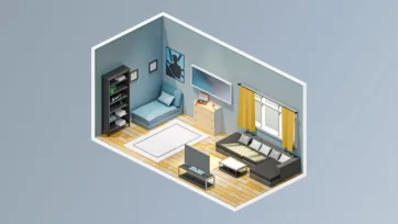 Bedroom with entertainment area featuring bed, seating, TV unit and modern bedroom furniture in 3D isometric interior design
