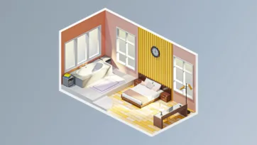 Luxury master bedroom with ensuite bathroom featuring modern bed, furniture and integrated bathroom design in 3D isometric view