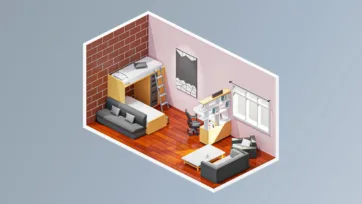 Student bedroom or dorm interior with bunk bed, study desk, storage and modern furniture for shared living in 3D isometric style