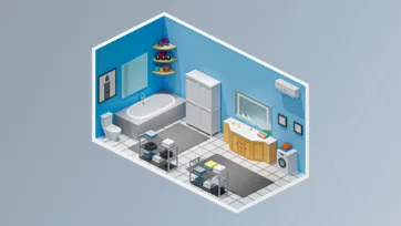 Modern bathroom interior with blue walls, bathtub, toilet, vanity and contemporary bathroom fixtures in 3D isometric design