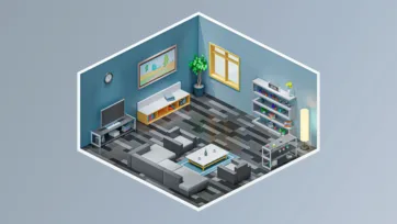 Modern living room interior featuring geometric patterned rug, contemporary seating and entertainment furniture in 3D isometric low poly style