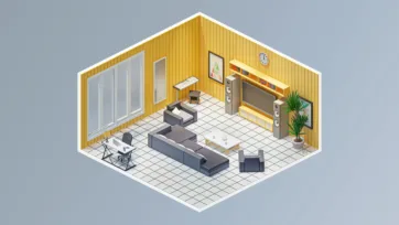 Minimalist living room with yellow accent wall, modern furniture, entertainment system and clean contemporary design in 3D isometric view