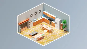 Open plan kitchen and dining room interior with orange cabinets, modern appliances and contemporary home furnishing in isometric 3D style