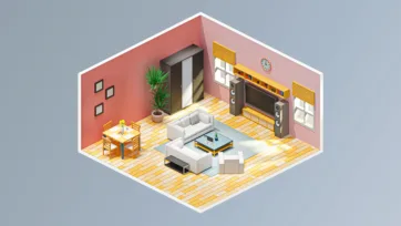 Modern living room interior with entertainment center, comfortable seating, dining area and contemporary furniture in 3D isometric low poly design