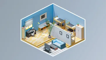 Shared bedroom interior with bunk beds, study area and children's furniture in colorful 3D isometric low poly style