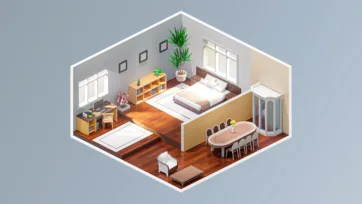 Multi-functional bedroom and study space with bed, desk area, plants and modern furniture in 3D isometric interior design